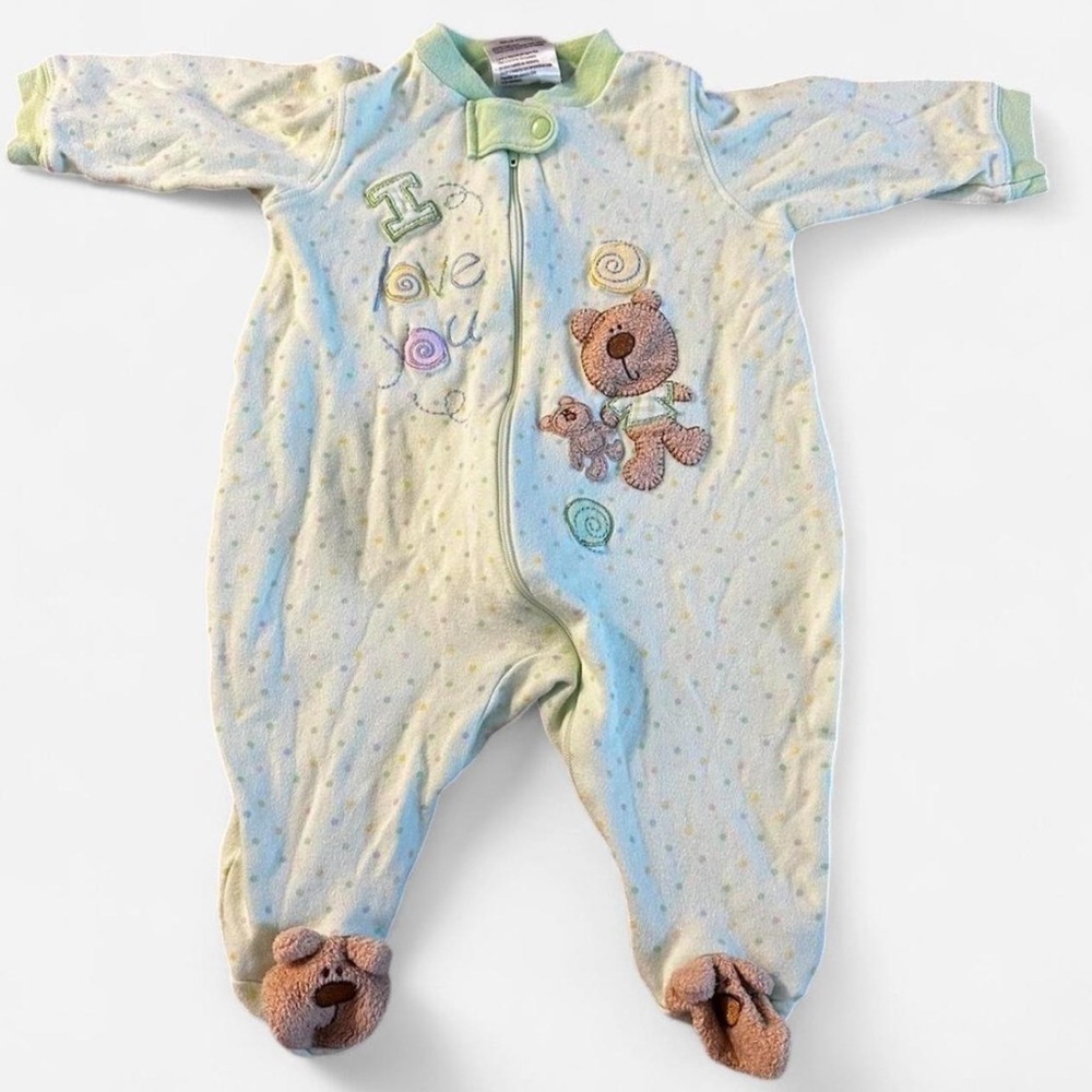 just born Soft green and white baby jumper teddy bear size 6-9 months